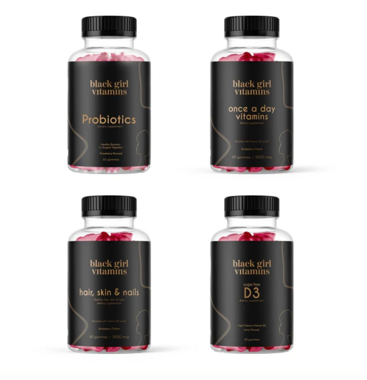 Black Girl Vitamins D3 Gummies bottle showing 2000 IU for daily energy support