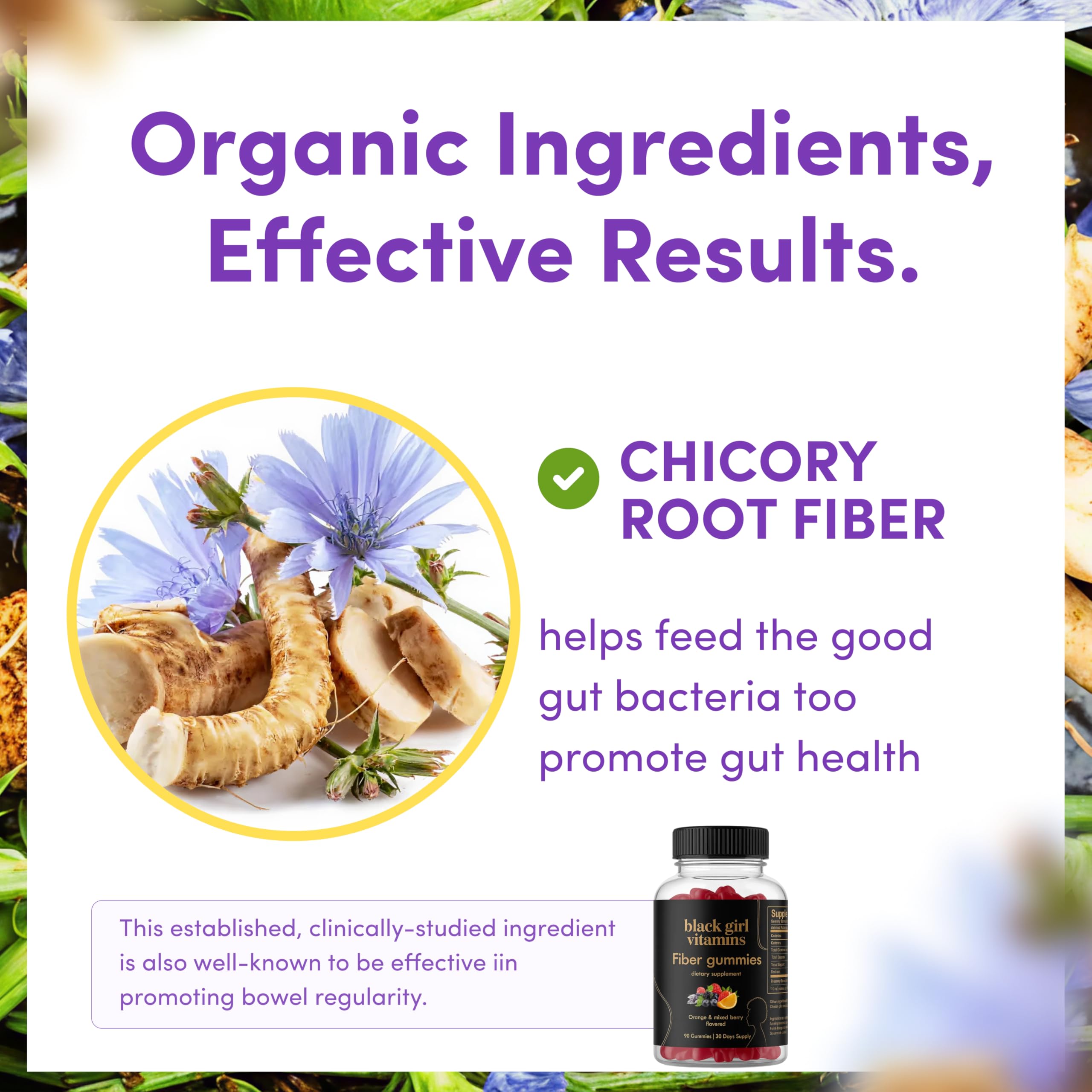 Black Girl Vitamins Fiber Gummies closeup shows vibrant gummies ready to take daily.