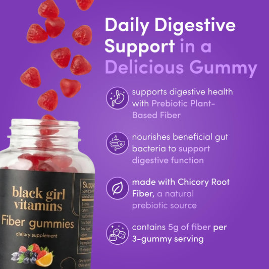 Black Girl Vitamins Fiber Gummies mixed-berry bottle offers tasty fiber for regularity.