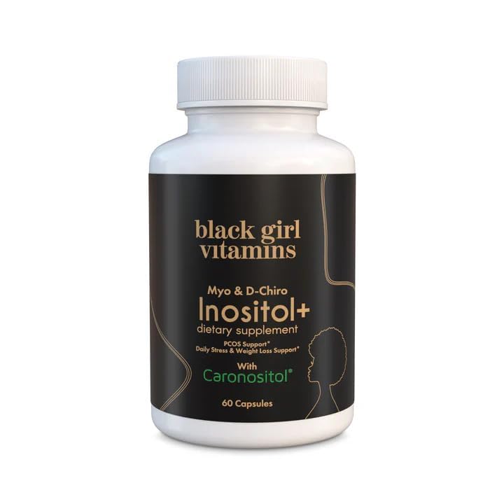 Black Girl Vitamins Inositol bottle close-up with vegan capsules for hormone support