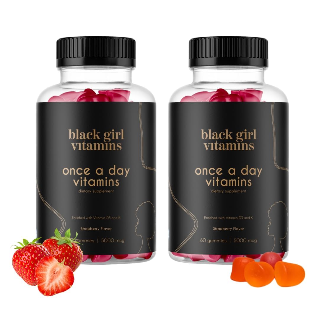 Black Girl Vitamins Once a Day bottle front with strawberry gummies for daily immune support.