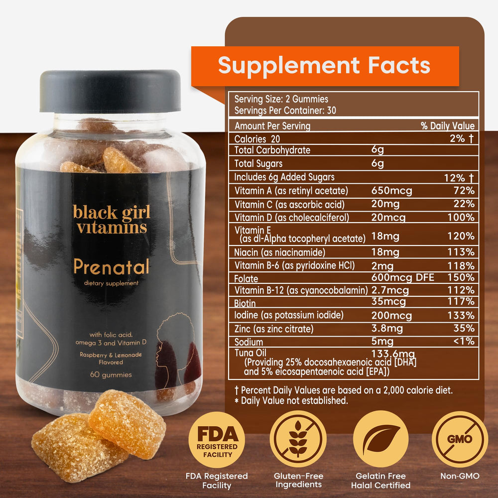 Black Girl Vitamins prenatal gummies packaging box communicates USA-made, Black-owned quality.