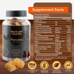 Black Girl Vitamins prenatal gummies packaging box communicates USA-made, Black-owned quality.