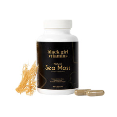 Black Girl Vitamins sea moss capsules packaging highlights vegan wellness for daily immune support.