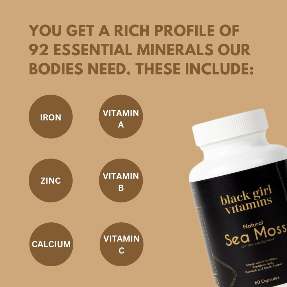 Black Girl Vitamins sea moss capsules pouring into hand suggest easy daily intake for immune support.