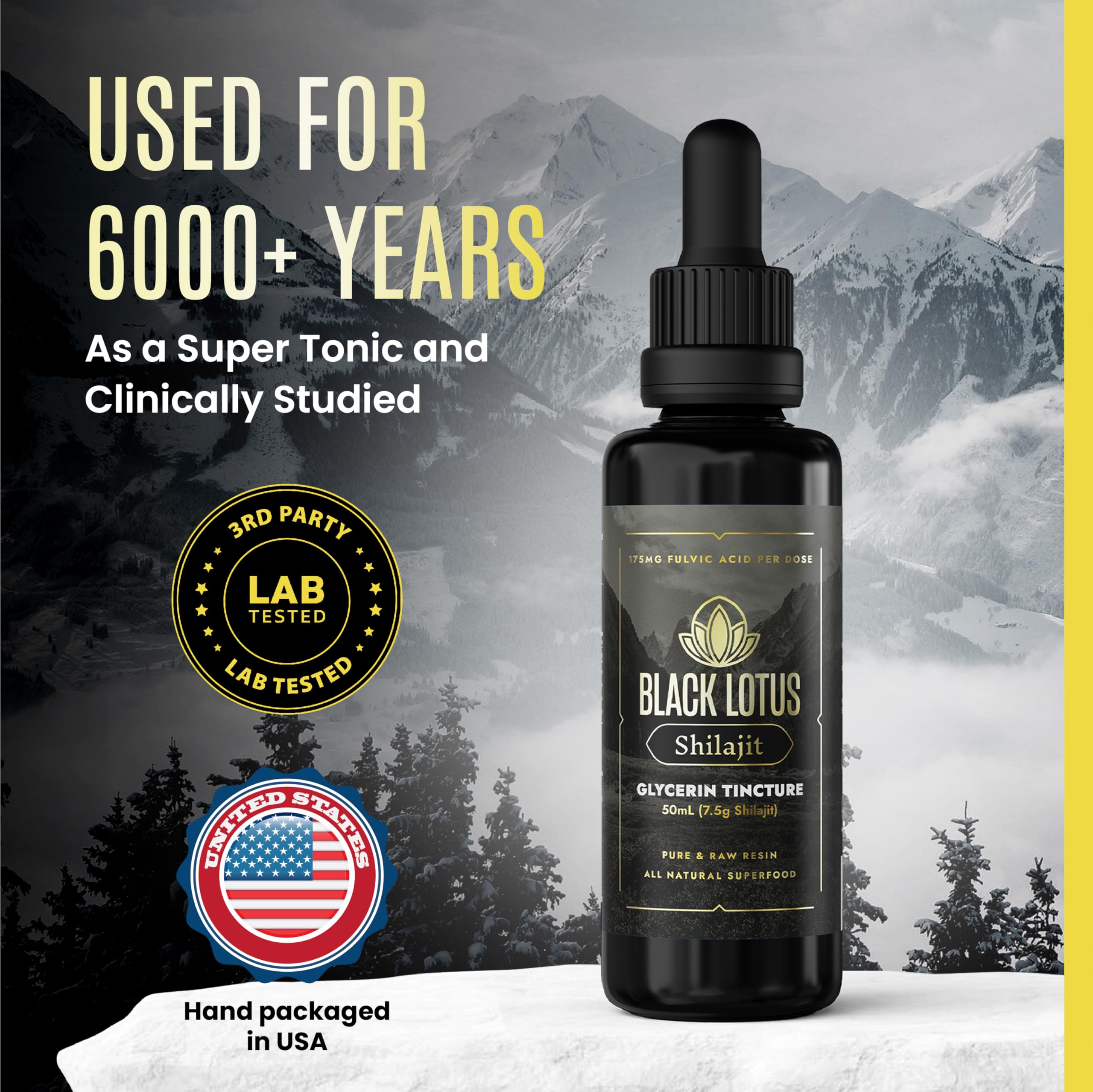 Black Lotus Shilajit bottle beside tea indicating easy daily use.