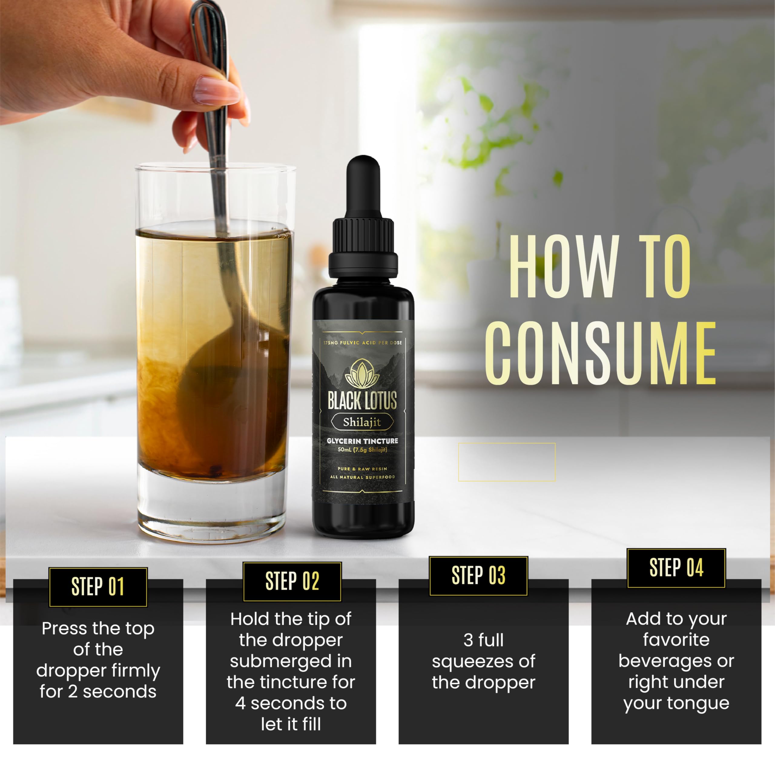 Black Lotus Shilajit dropper dispense illustrating easy dosage for beverages.