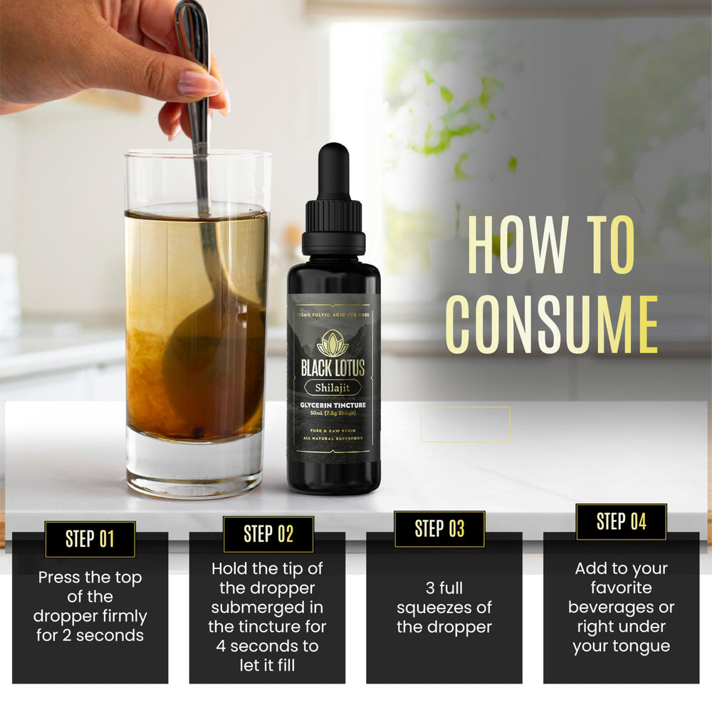 Black Lotus Shilajit dropper dispense illustrating easy dosage for beverages.