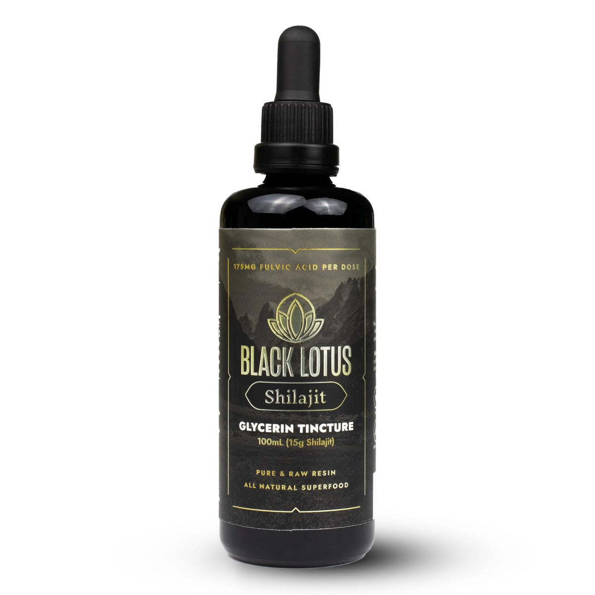 Black Lotus Shilajit resin bottle in a 100 ml dropper for easy dosing.