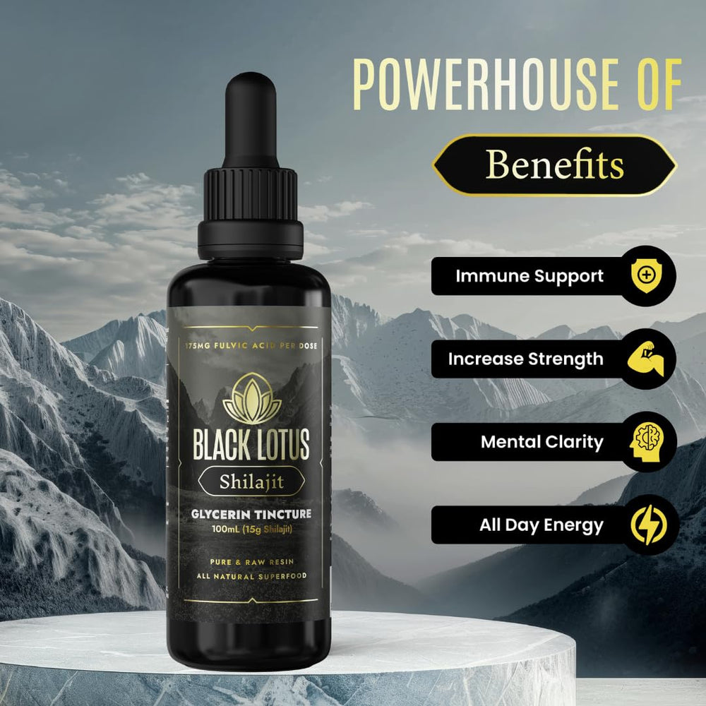 Black Lotus Shilajit resin dropper enables precise measurements in beverages.