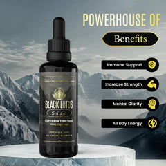 Black Lotus Shilajit resin dropper enables precise measurements in beverages.
