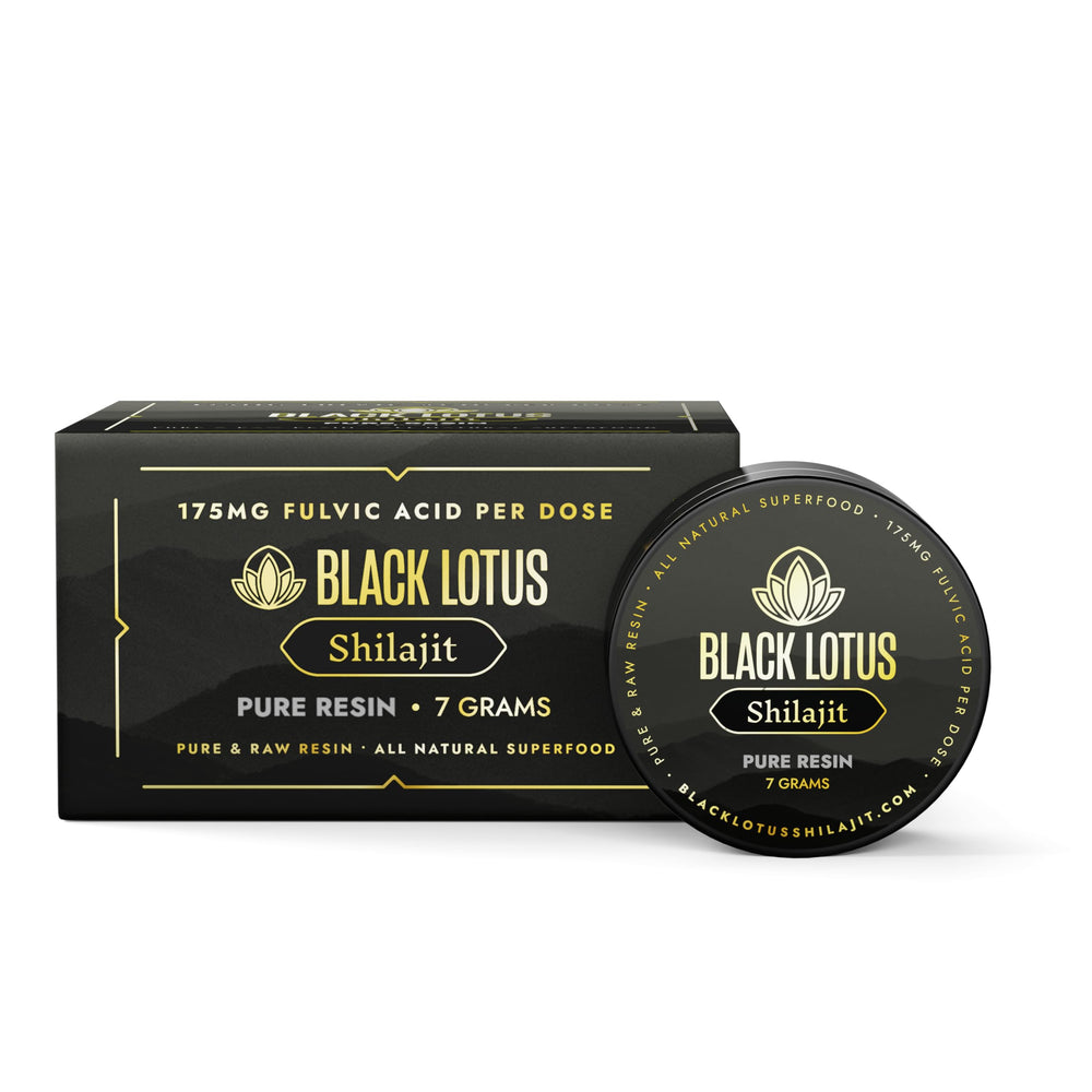 Black Lotus Shilajit resin jar closeup showing purity and premium packaging.