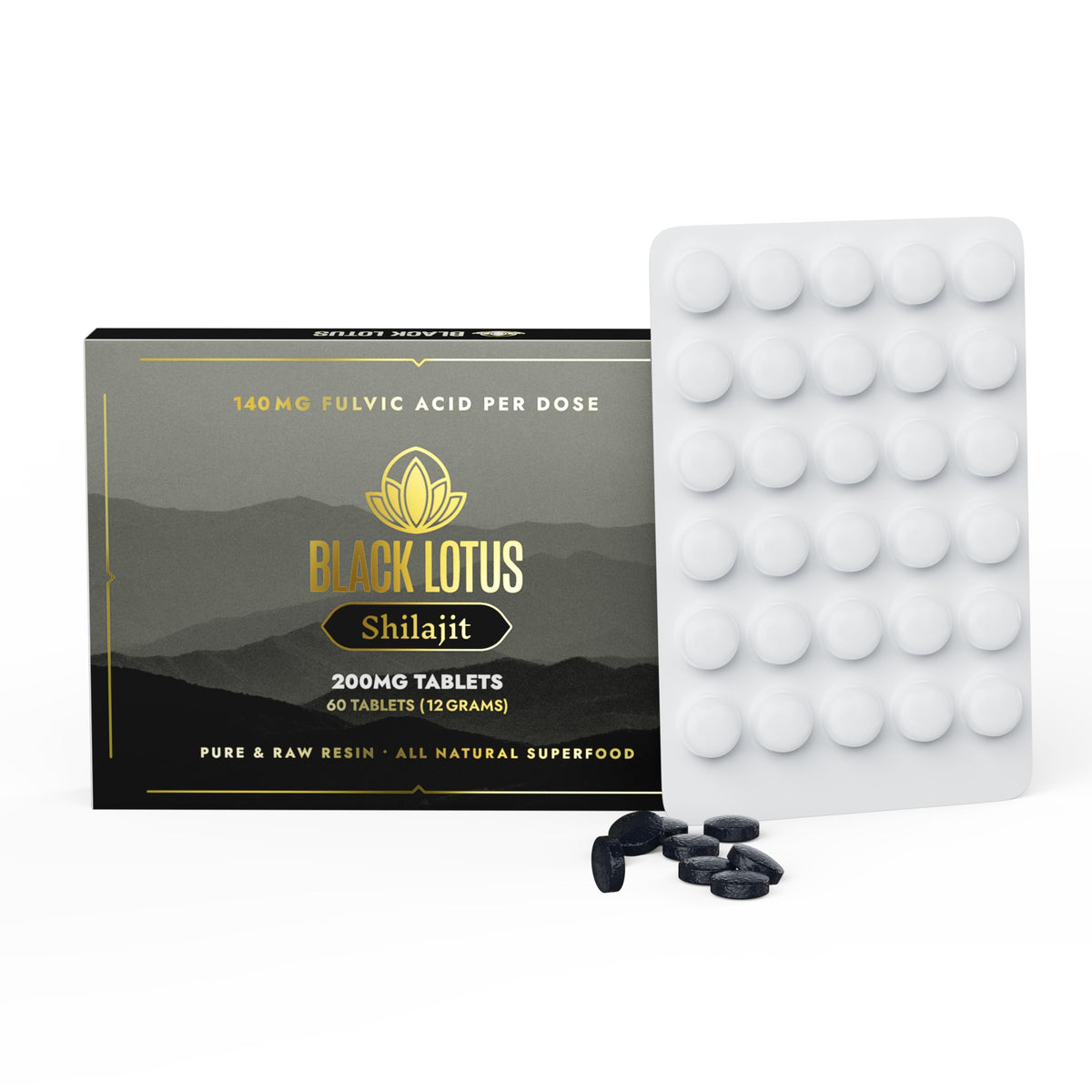 Black Lotus Shilajit tablets bottle shows convenient daily support for energy and focus