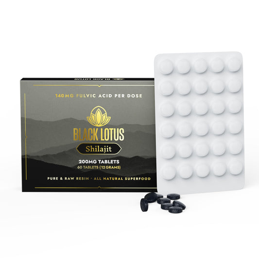 Black Lotus Shilajit tablets bottle shows convenient daily support for energy and focus