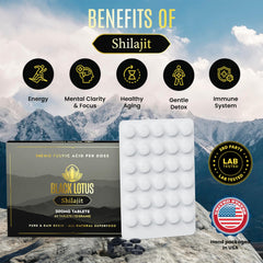 Black Lotus Shilajit tablets closeup highlights compact easy to swallow supplement for on-the-go routines