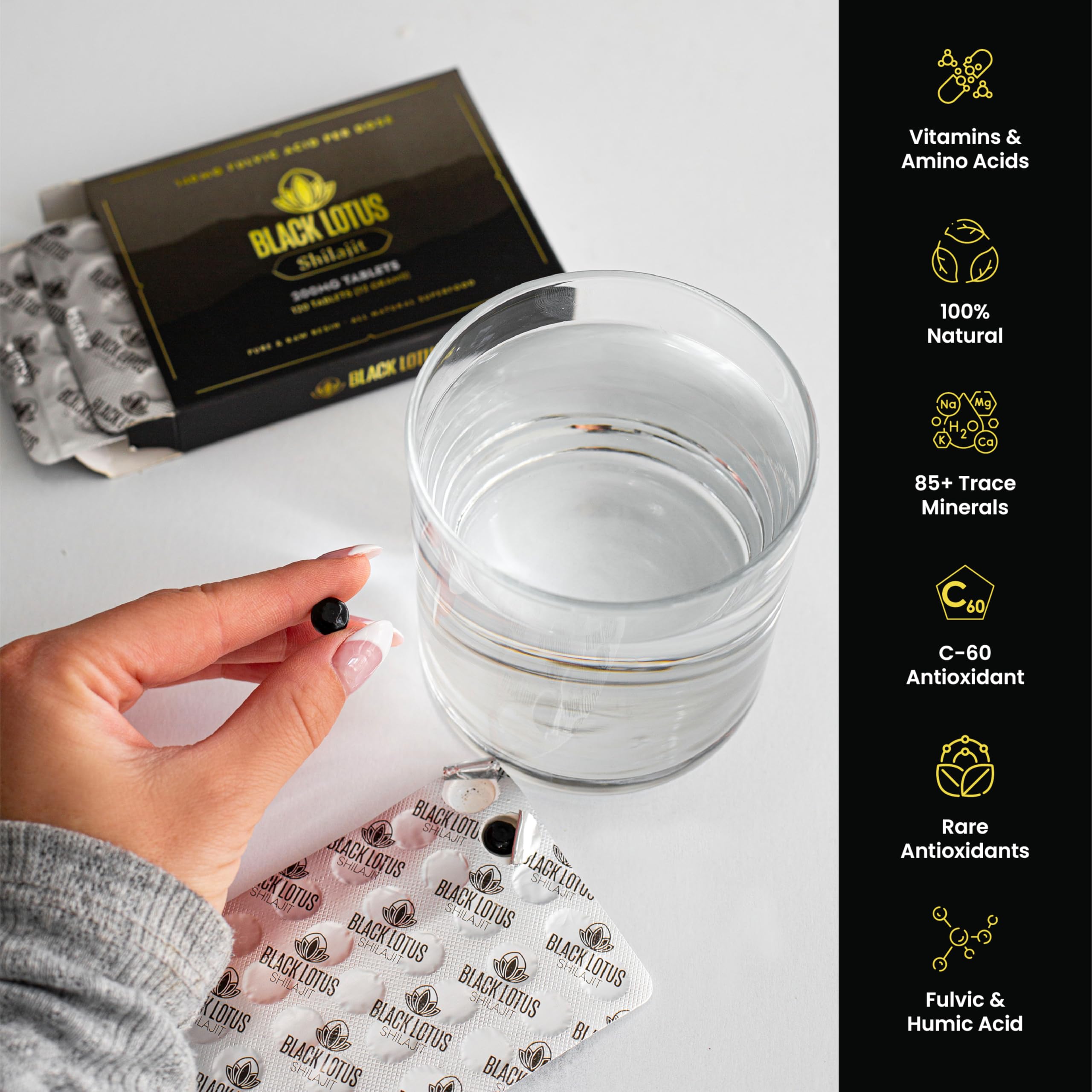 Black Lotus Shilajit tablets pour demonstrates mess-free intake during daily wellness moments