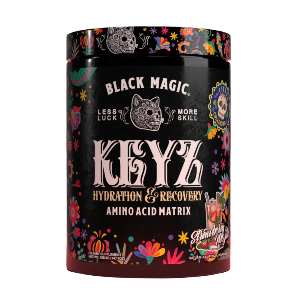 Black Magic Keyz bottle front shows sleek design for post-workout recovery