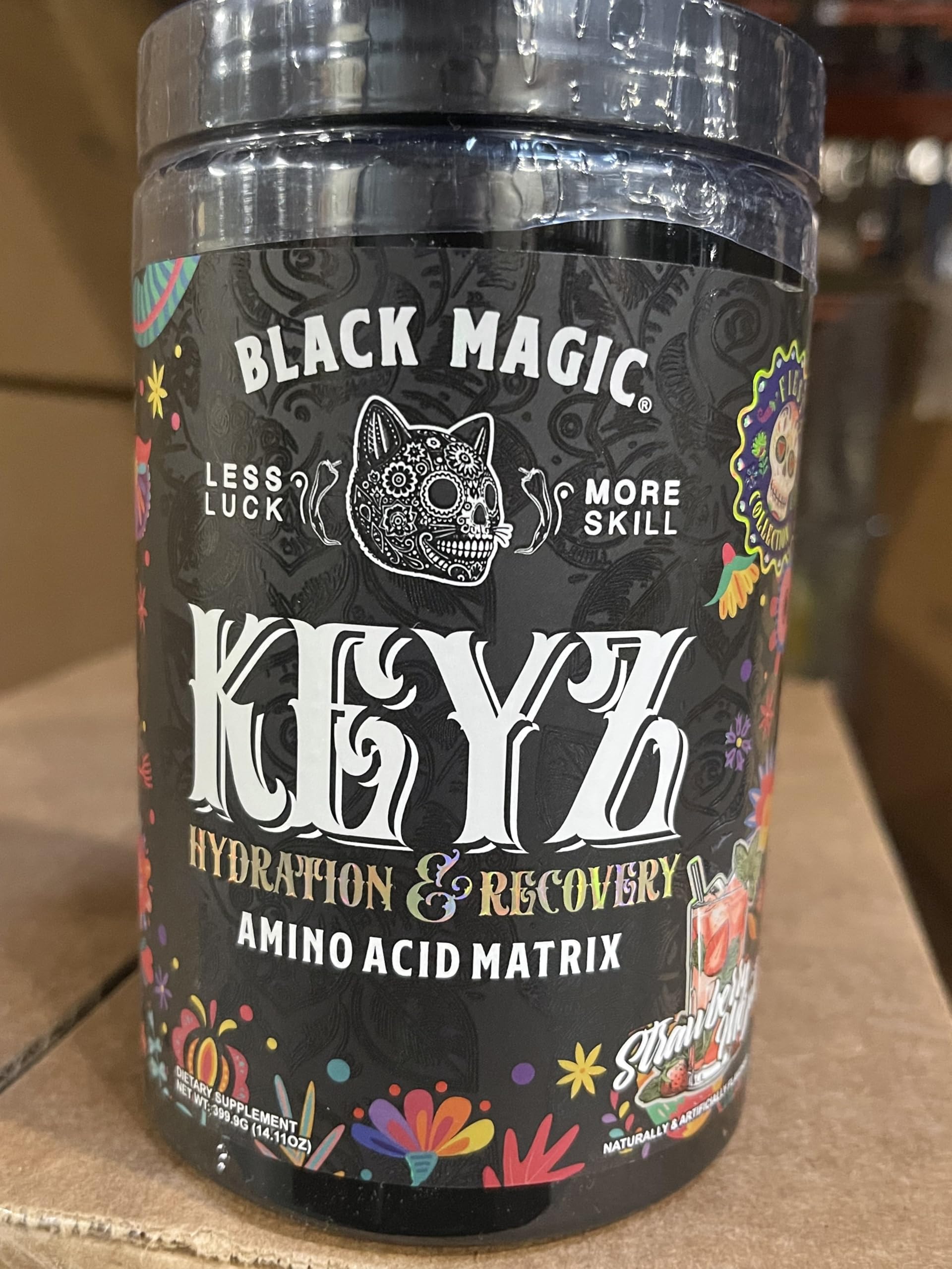 Black Magic Keyz bottle label highlights premium EAA/BCAA blend for recovery