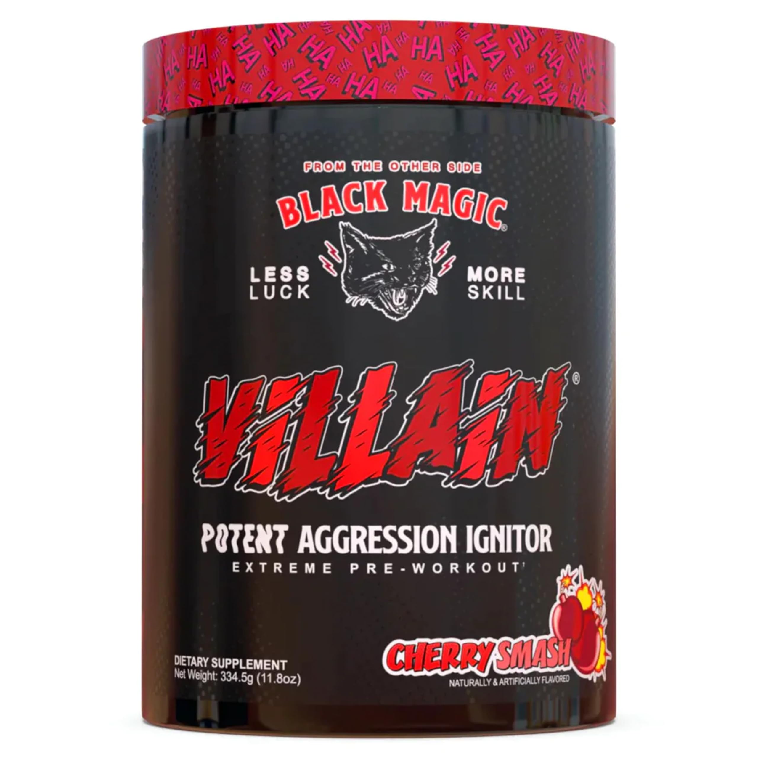 Black Magic Villain pre-workout jar close-up, highlighting energy-boosting formula