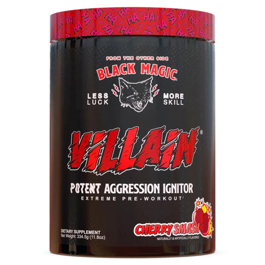 Black Magic Villain pre-workout jar close-up, highlighting energy-boosting formula