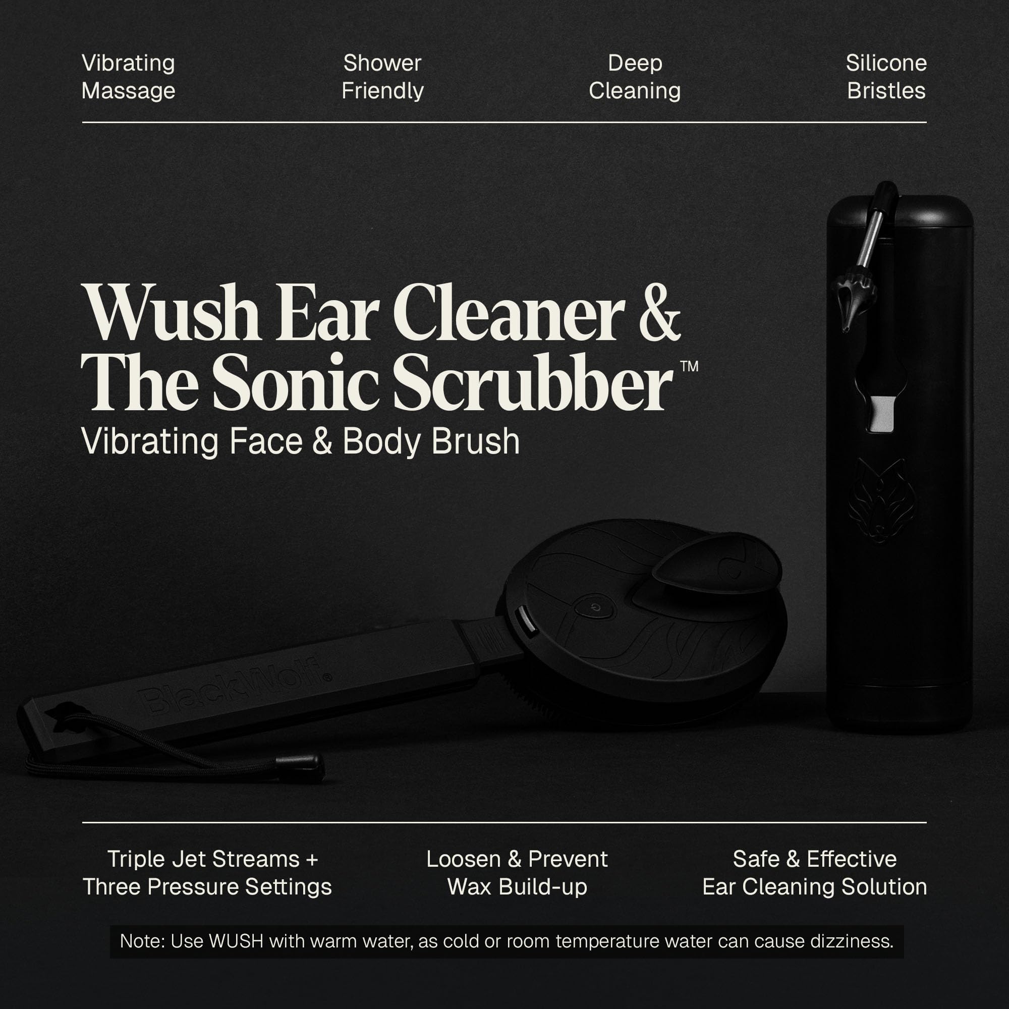 Black Wolf Wush Pro ear cleaner nozzle demonstrating safe, water-powered ear care.