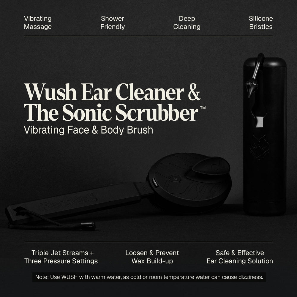 Black Wolf Wush Pro ear cleaner nozzle demonstrating safe, water-powered ear care.