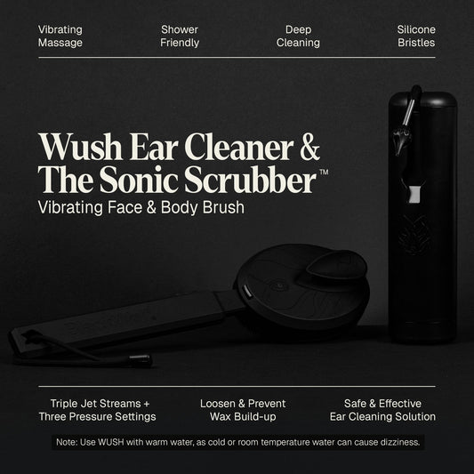 Black Wolf Wush Pro ear cleaner nozzle demonstrating safe, water-powered ear care.