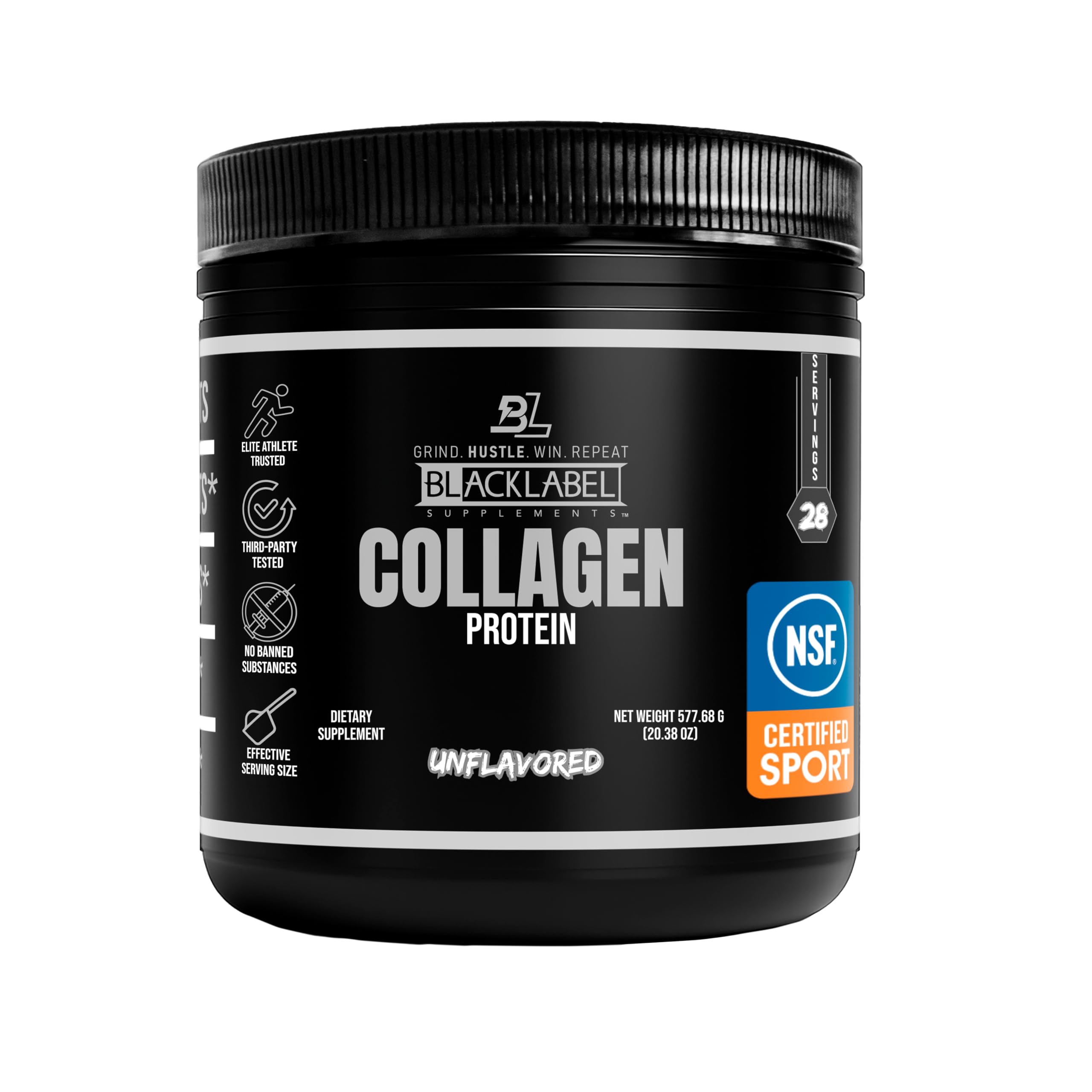 BLACKLABEL Collagen Peptides unflavored tub ready for daily use and easy mixing.