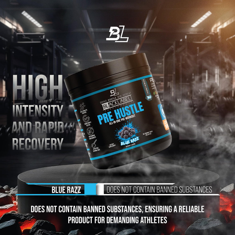 BLACKLABEL PRE Hustle V3 blue razz scoop shows powder ready to mix for training.