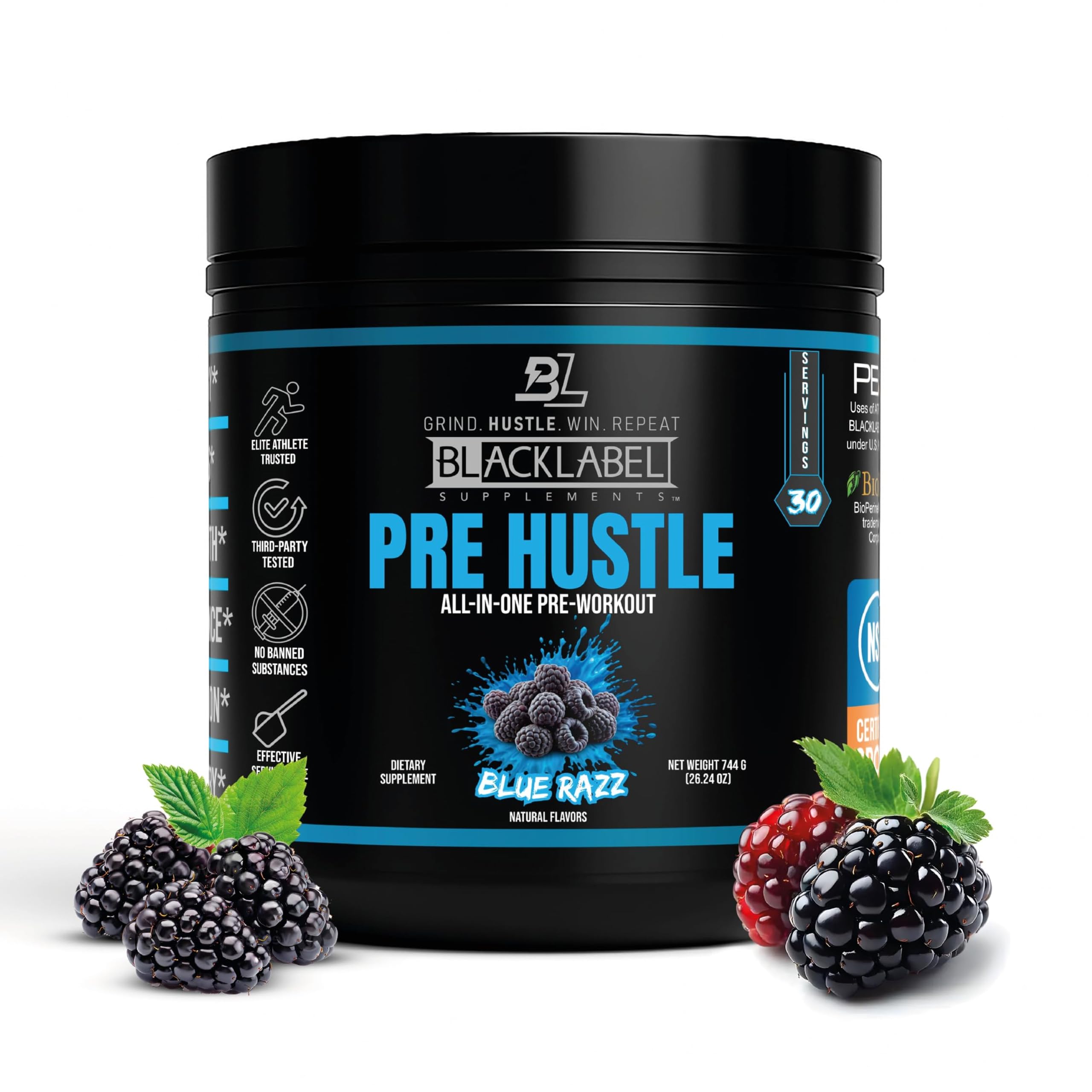 BLACKLABEL PRE Hustle V3 blue razz tub boosts energy for workouts.