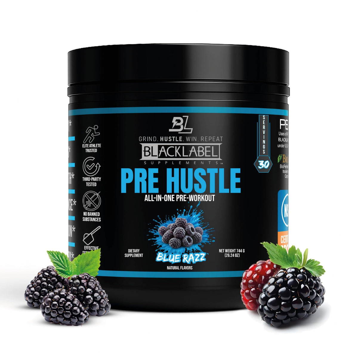 BLACKLABEL PRE Hustle V3 blue razz tub boosts energy for workouts.