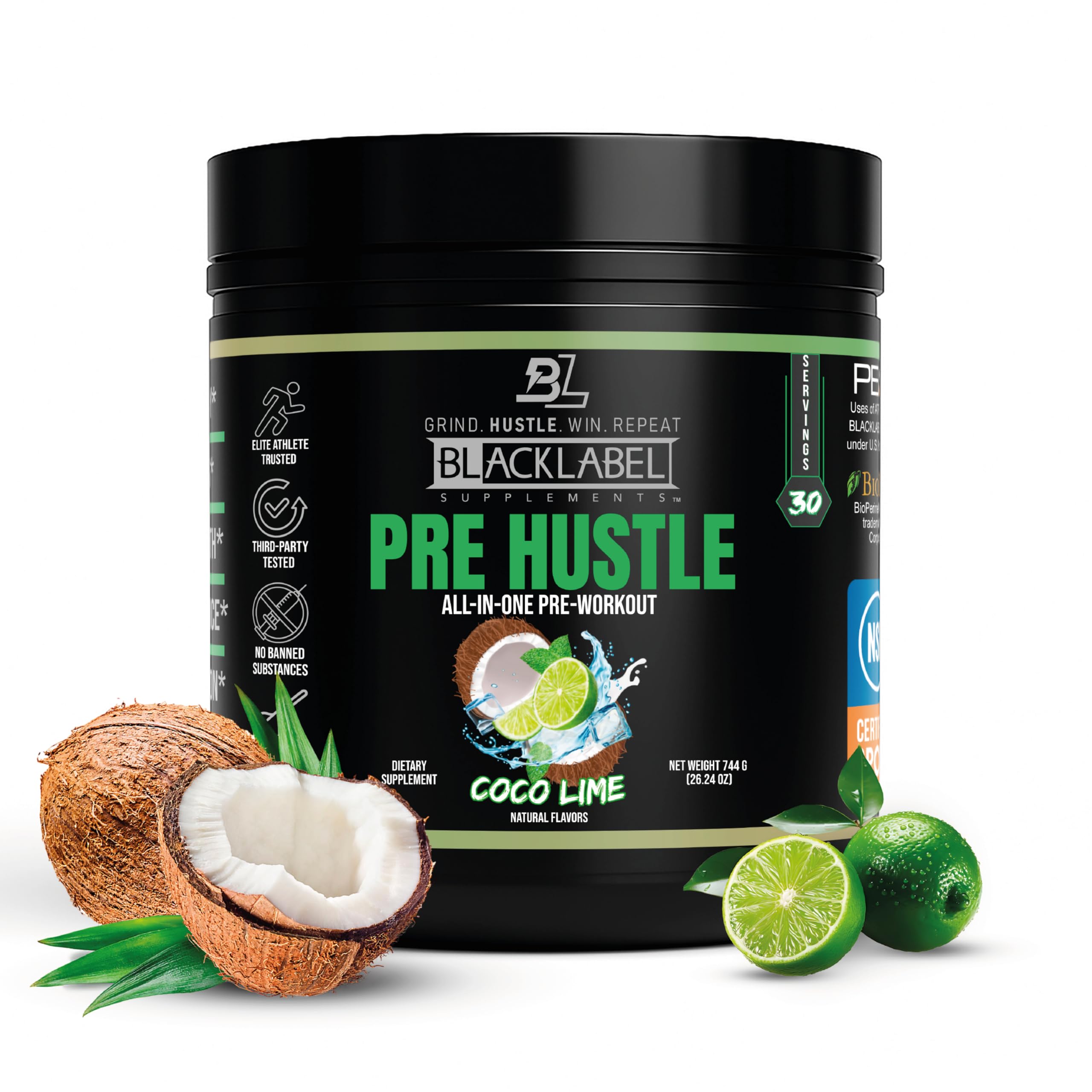 BLACKLABEL PRE Hustle V3 Coconut Lime bottle energized for workouts