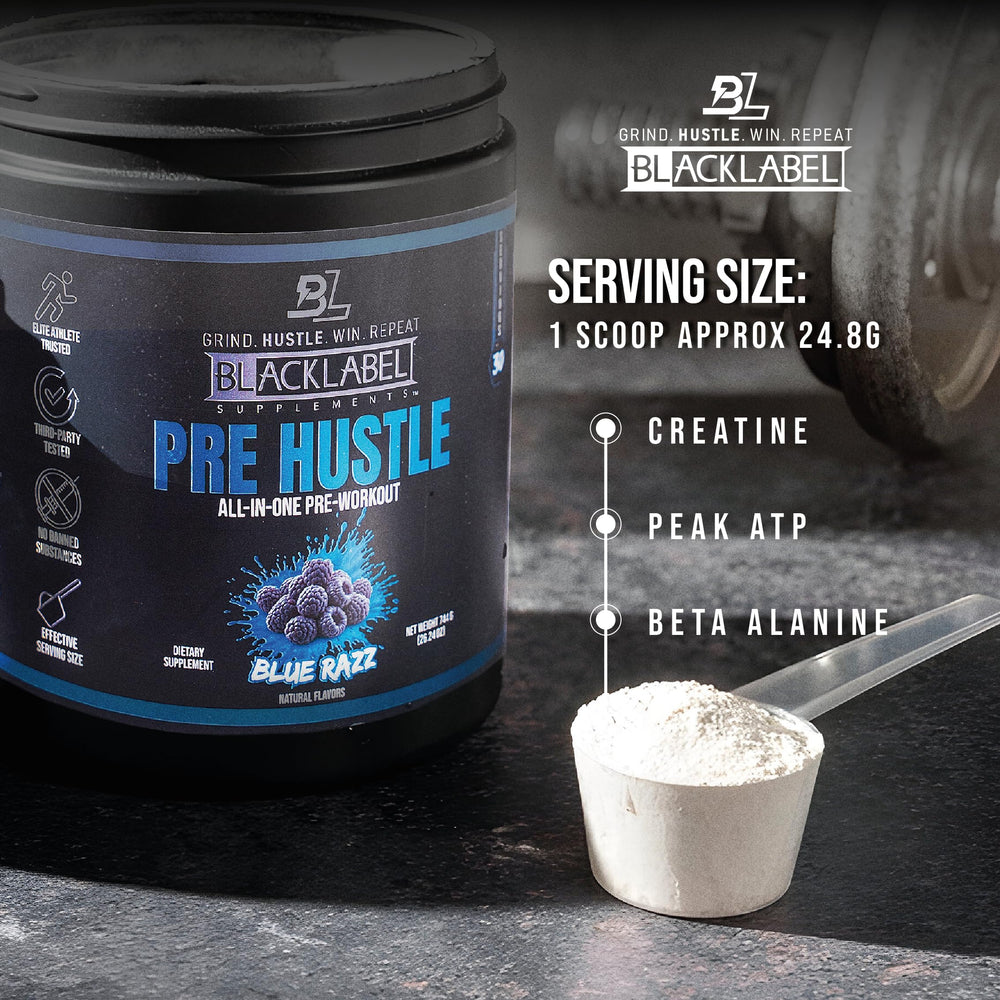 BLACKLABEL PRE Hustle V3 label highlights creatine and caffeine for performance support.