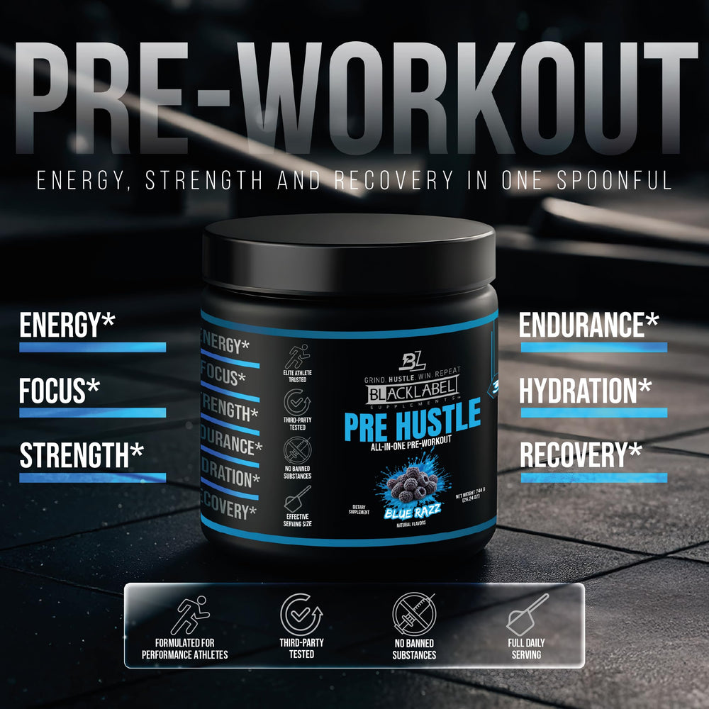 BLACKLABEL PRE Hustle V3 shaker with blue razz color enables convenient pre workout fueling.
