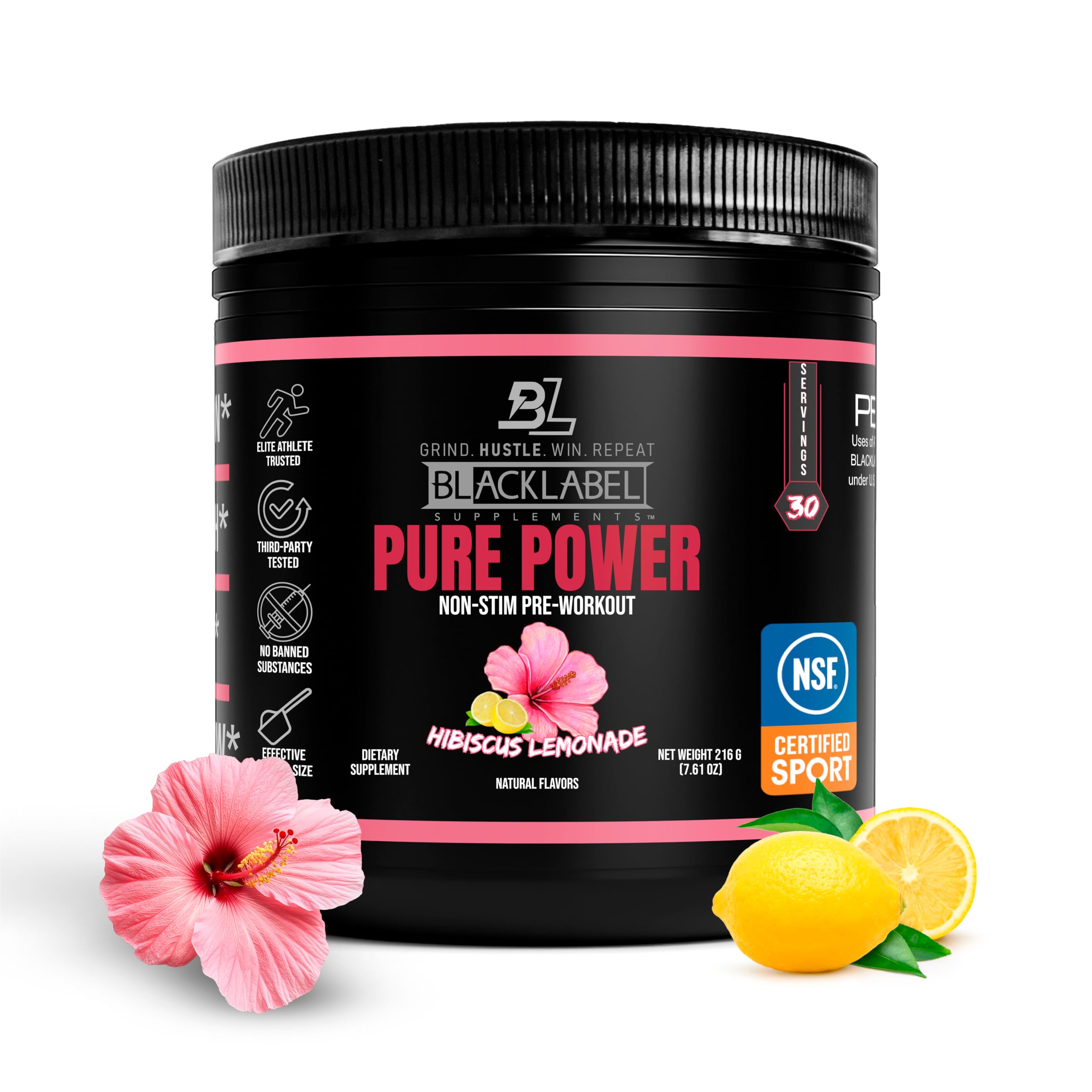 BlackLabel Pure Power bottle Hibiscus Lemonade offers caffeine-free focus for evening workouts.