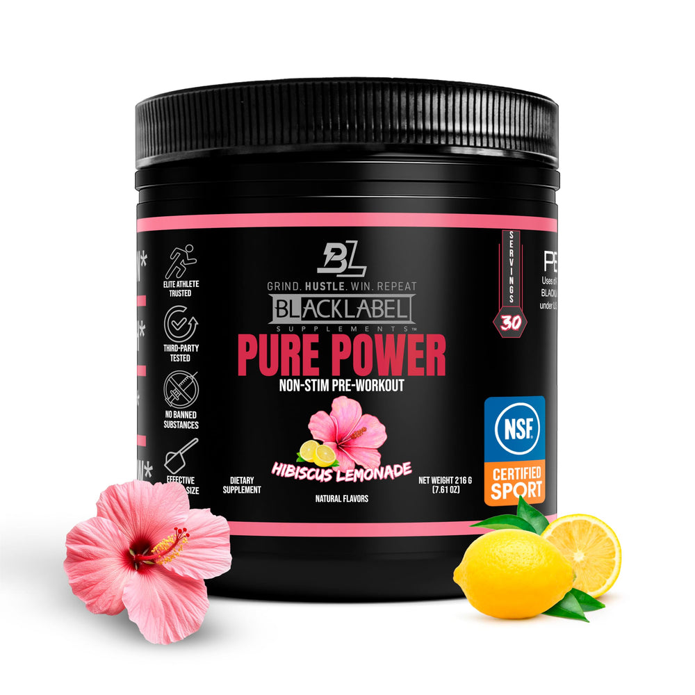BlackLabel Pure Power bottle Hibiscus Lemonade offers caffeine-free focus for evening workouts.