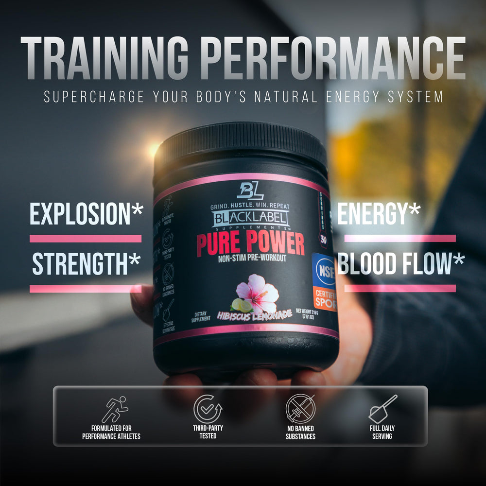 BlackLabel Pure Power label close-up confirms NSF-certified sport standards.