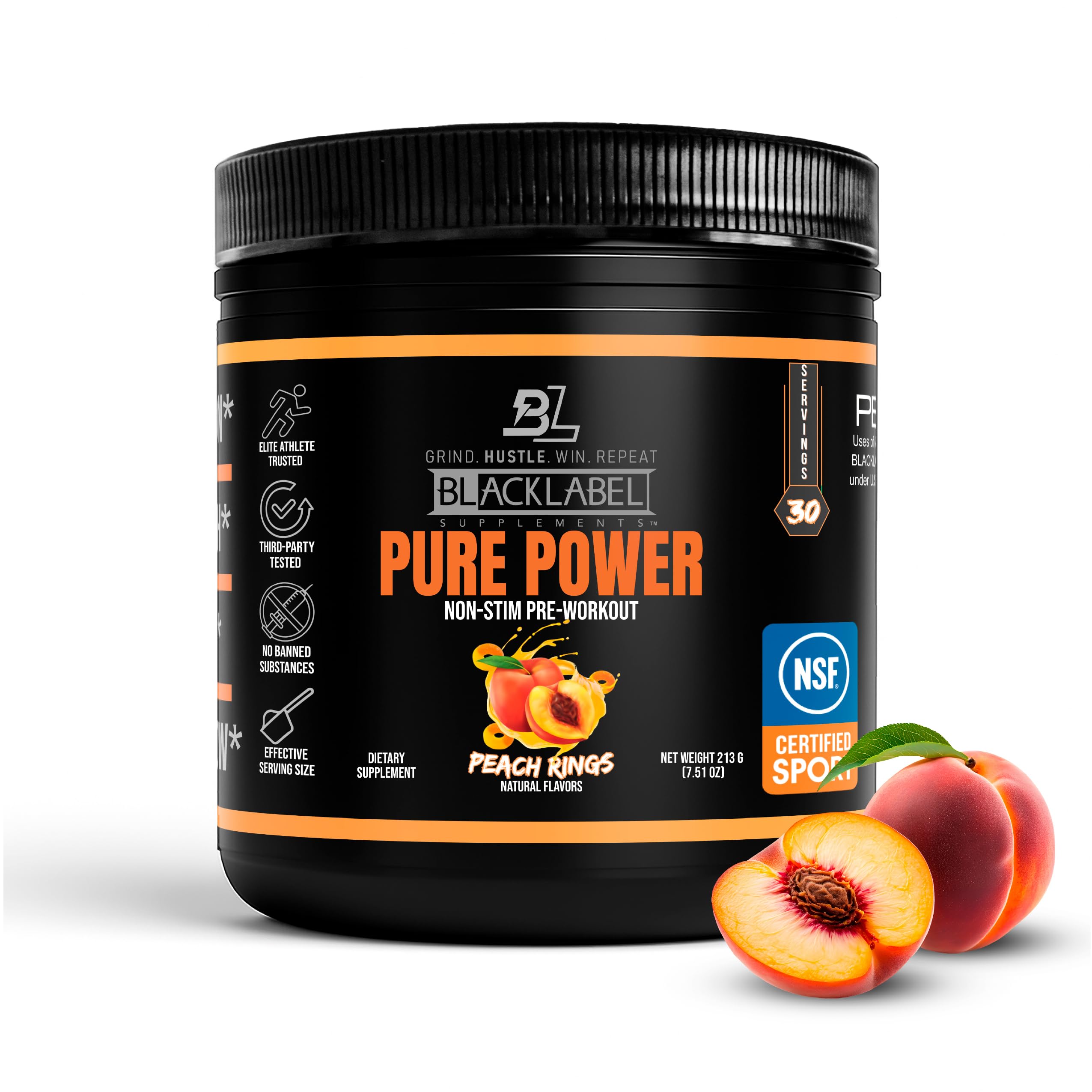 Blacklabel Pure Power Peach Rings bottle shows caffeine-free pre-workout for steady energy.