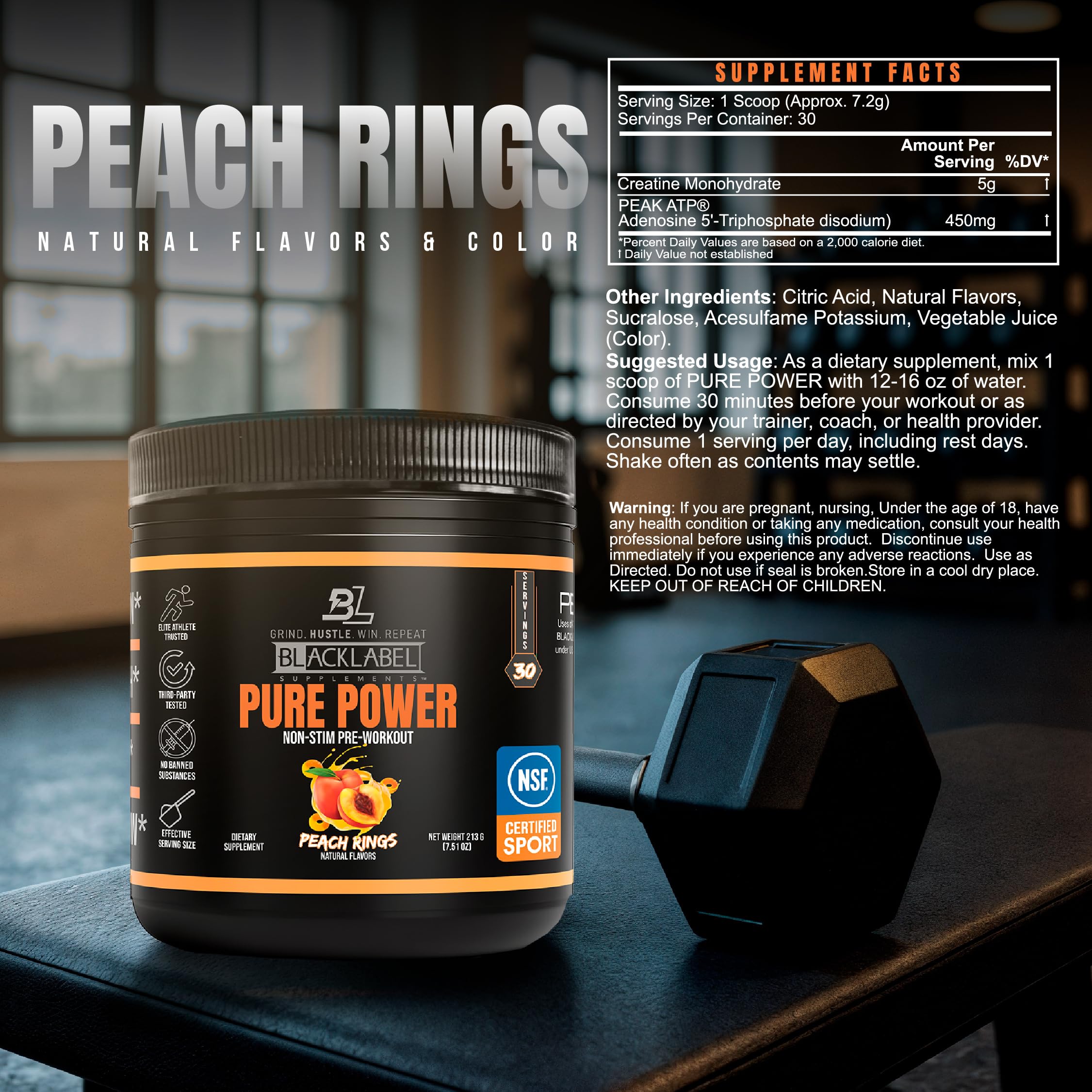 Blacklabel Pure Power Peach Rings label graphic hints at creatine and PEAK ATP.