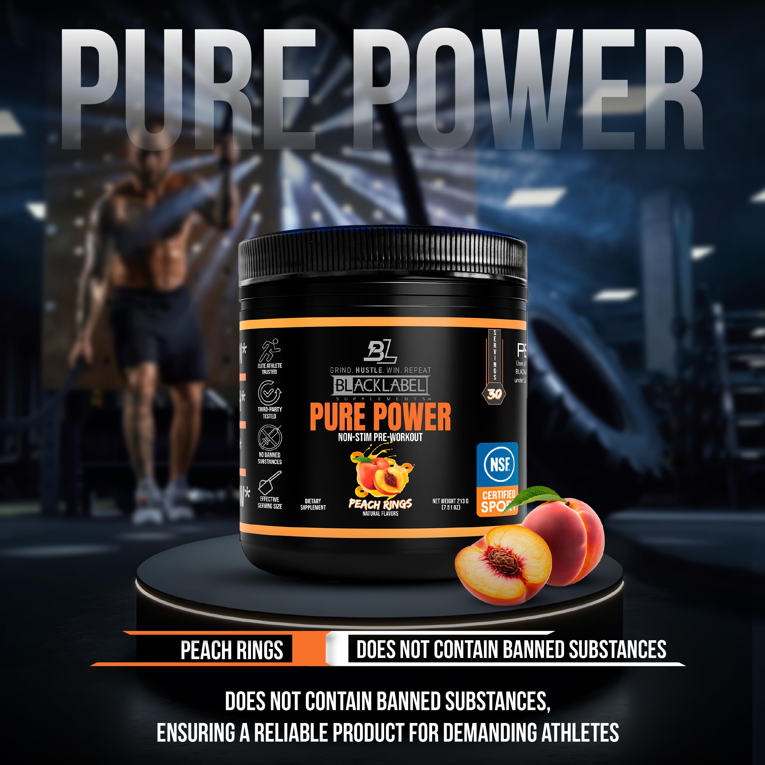 Blacklabel Pure Power Peach Rings scoop pouring to show quick dissolving mix.