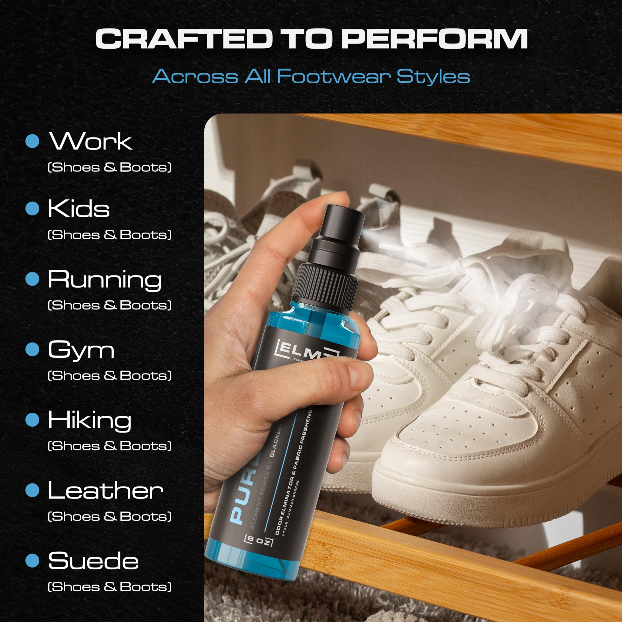 Blackline deodorizer for shoes delivers quick freshness after wear.