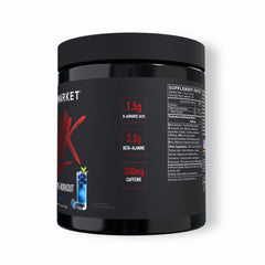 BLACKMARKET Bulk Preworkout blue razz canister close-up highlighting premium ingredients.