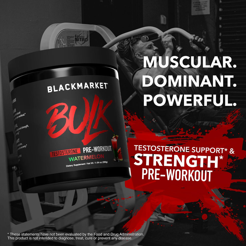 BLACKMARKET Bulk Preworkout blue razz in-use during gym session.