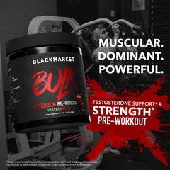 BLACKMARKET Bulk Preworkout blue razz in-use during gym session.