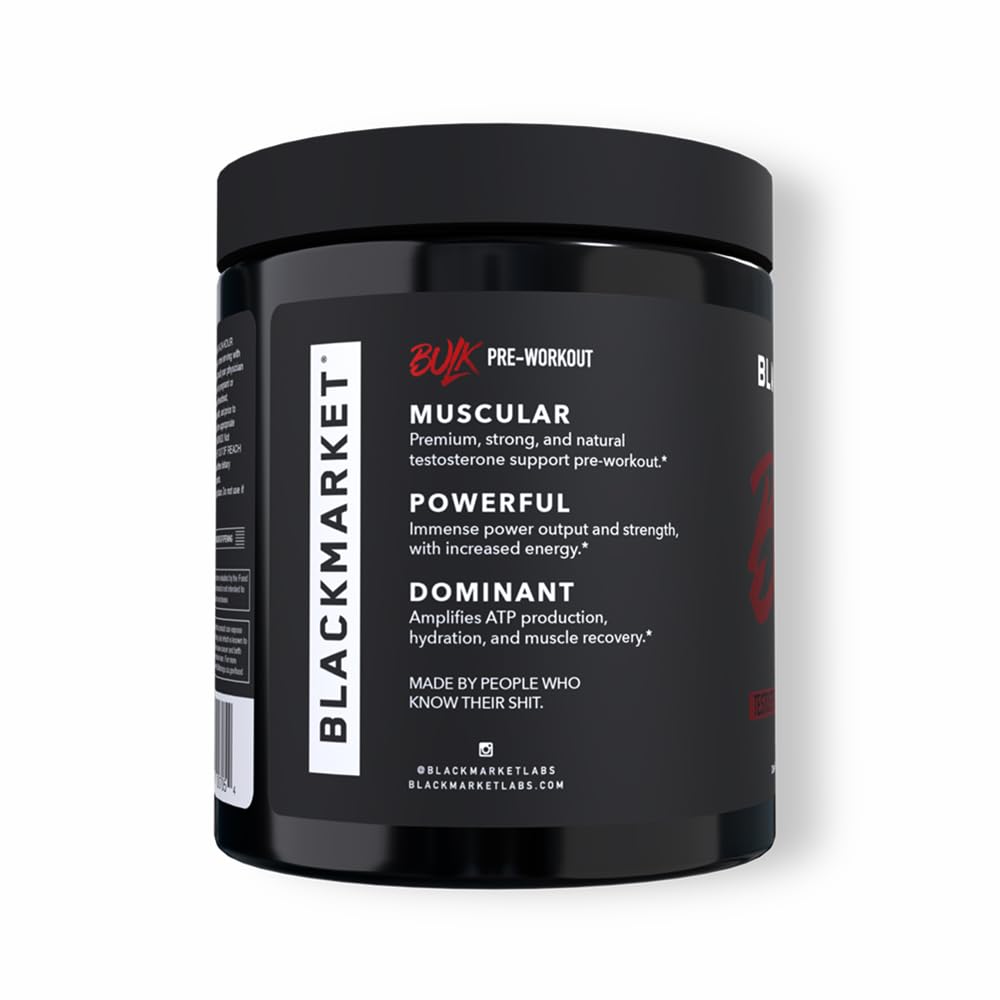 BLACKMARKET Bulk Preworkout blue razz ingredients showcase creatine and flavor.