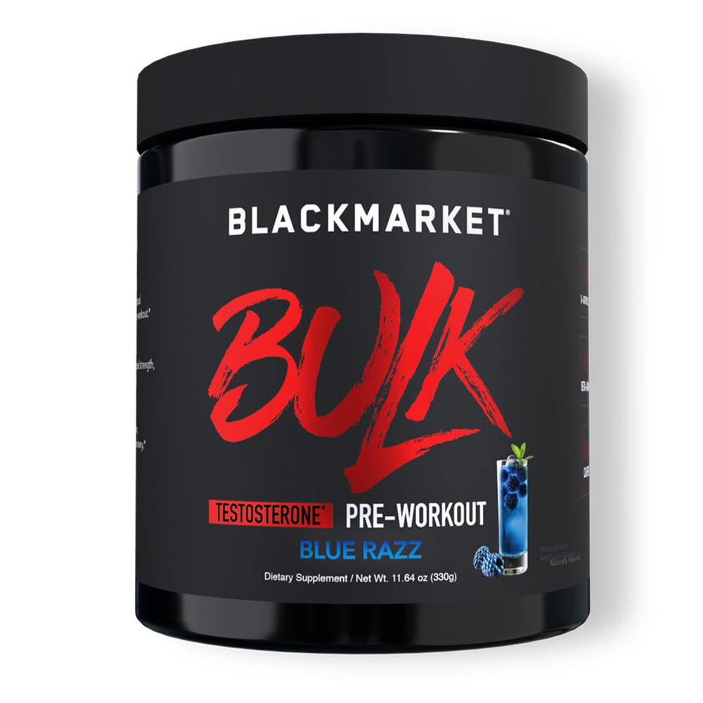 BLACKMARKET Bulk Preworkout blue razz powder for quick energy before training.