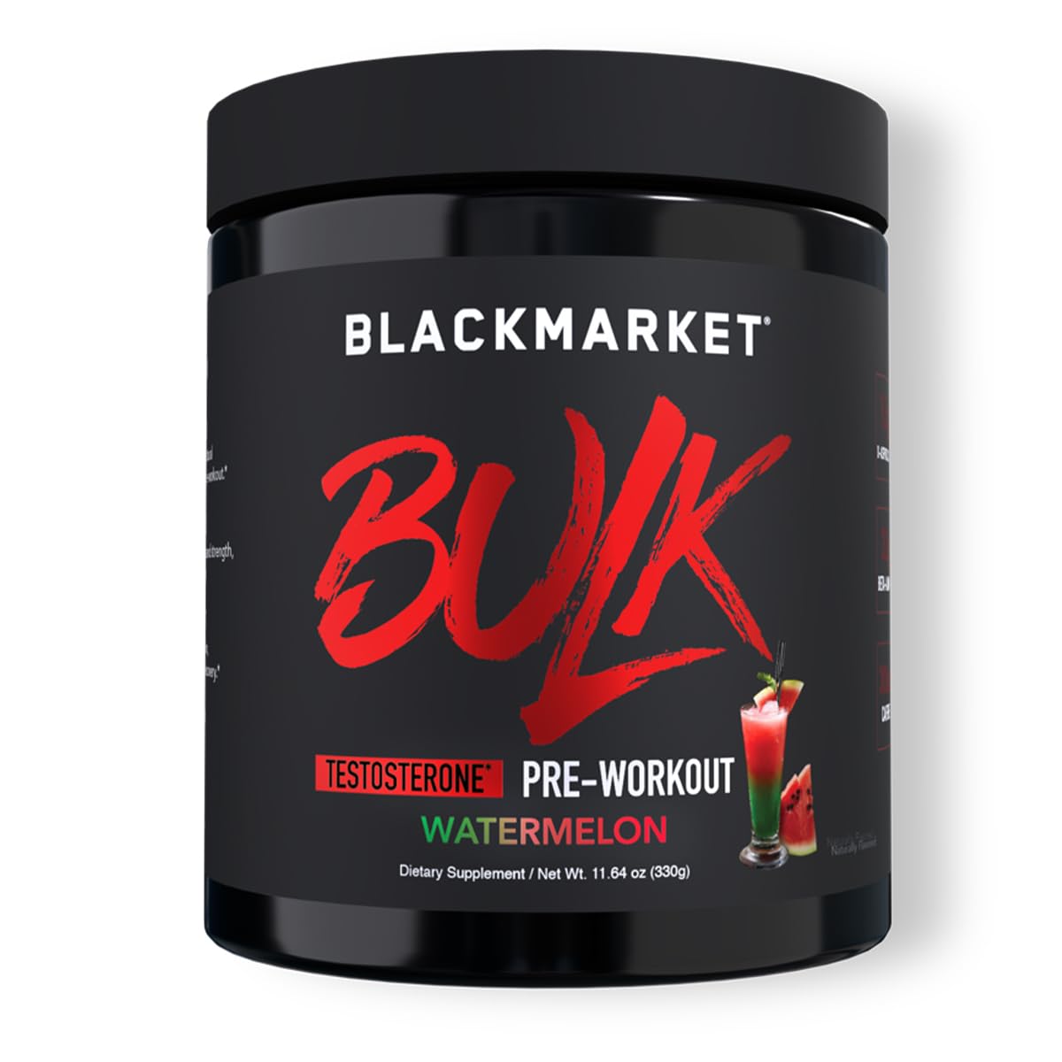 BlackMarket Bulk Pre Workout watermelon tub front for powerful gym energy and focus