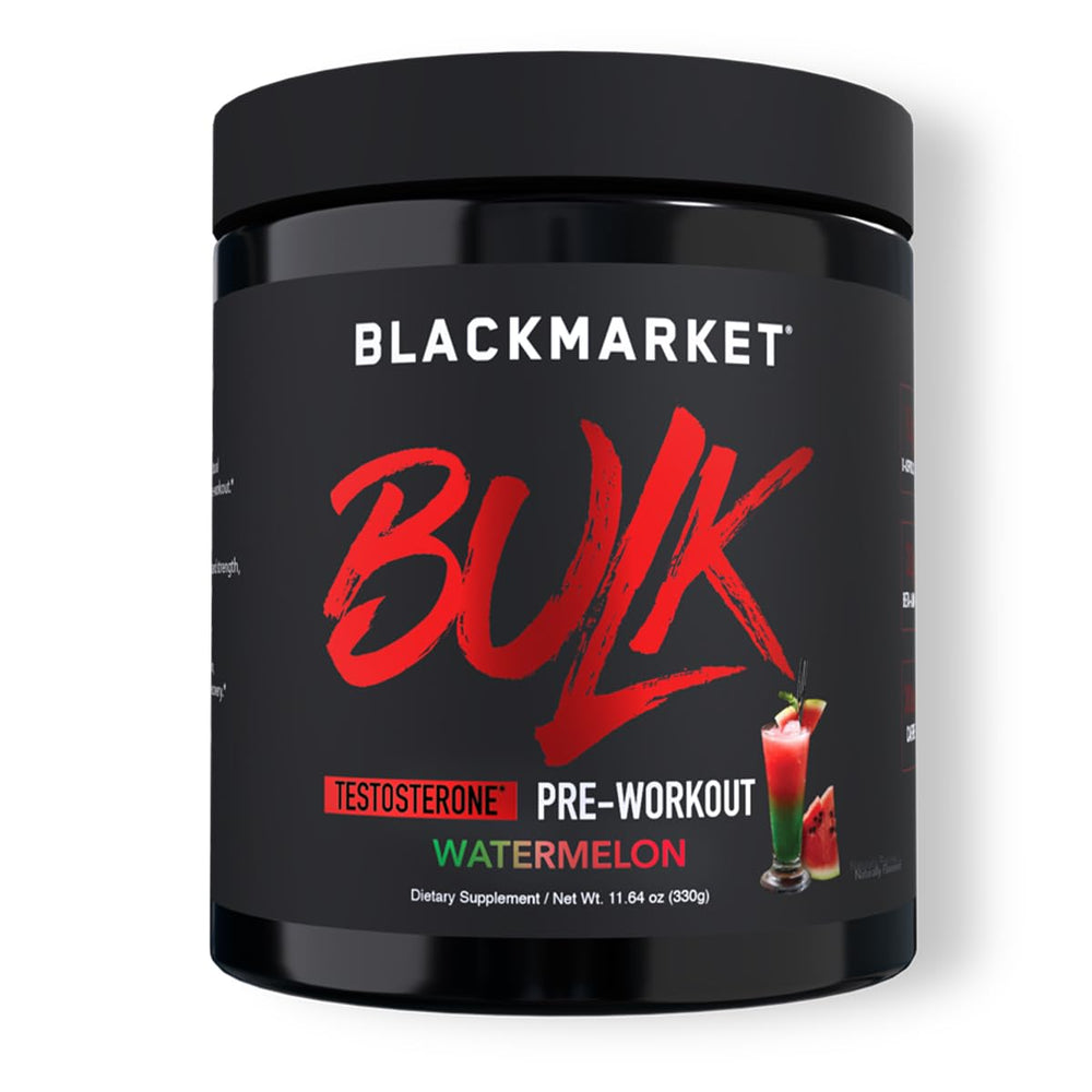 BlackMarket Bulk Pre Workout watermelon tub front for powerful gym energy and focus