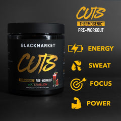 BLACKMARKET CUTS shaker with powder ready for gym session.