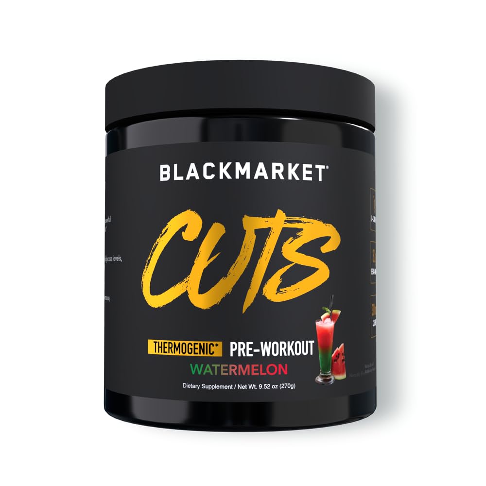 BLACKMARKET CUTS watermelon tub label with refreshing pre-workout energy cue.